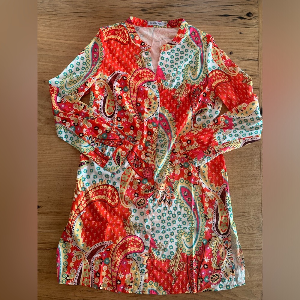 MissLook Paisley Floral Bold Colorful Button Down Shirt Dress Women’s M Preloved